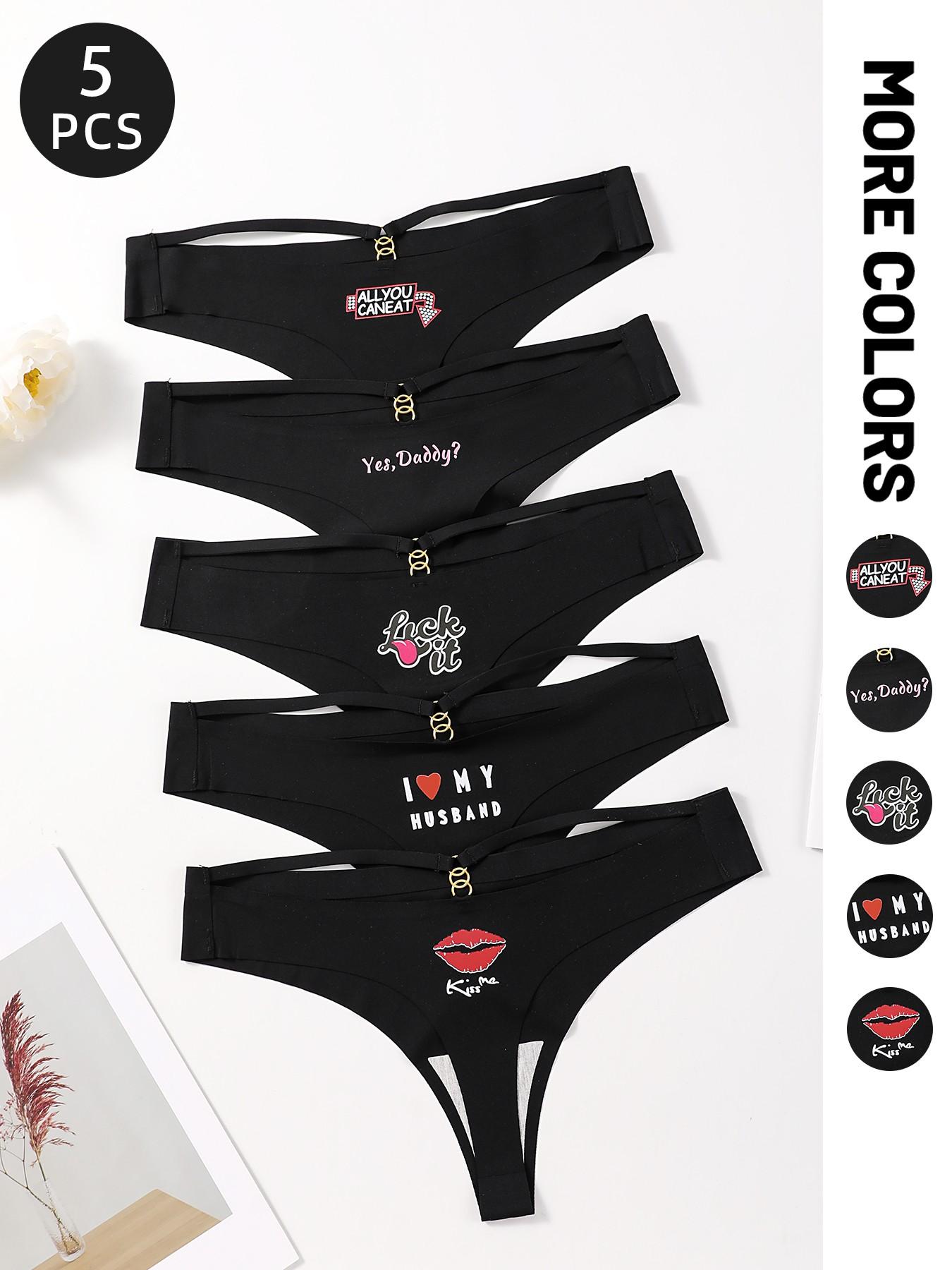 Women's Low Waist Underwear Set, Drop Waist Knicker, Fun Print Metal Ring Design, Fashion Fit Sexy Hot Girl Style Panties, Pack of 5 Women's Low Waist Underwear Set, Drop Waist Knicker, Fun Print Metal Ring Design, Fashion Fit Sexy Hot Girl Style Panties, Pack of 5
