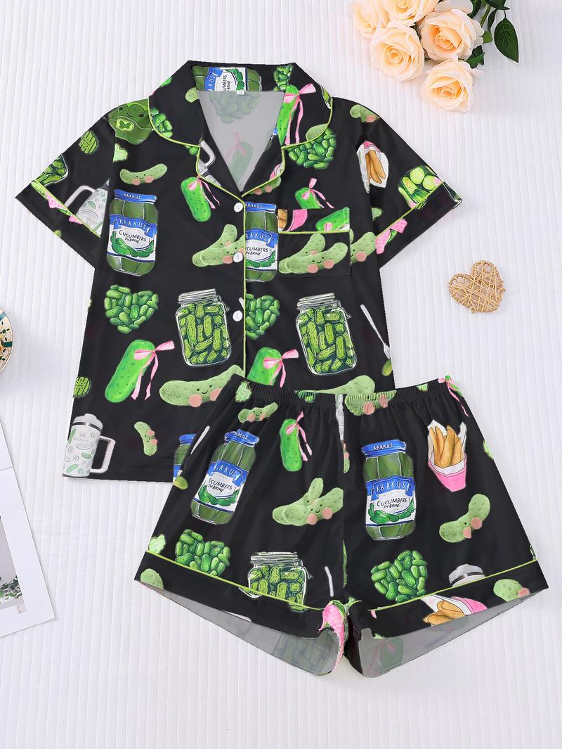 Elegant women's sleepwear set with knitted fabric short sleeved button top and shorts, pickled cucumber print home clothes, casual one-piece cartoon pattern sleepwear combination, lemon design essential short sleeved fashionable women's pocket style