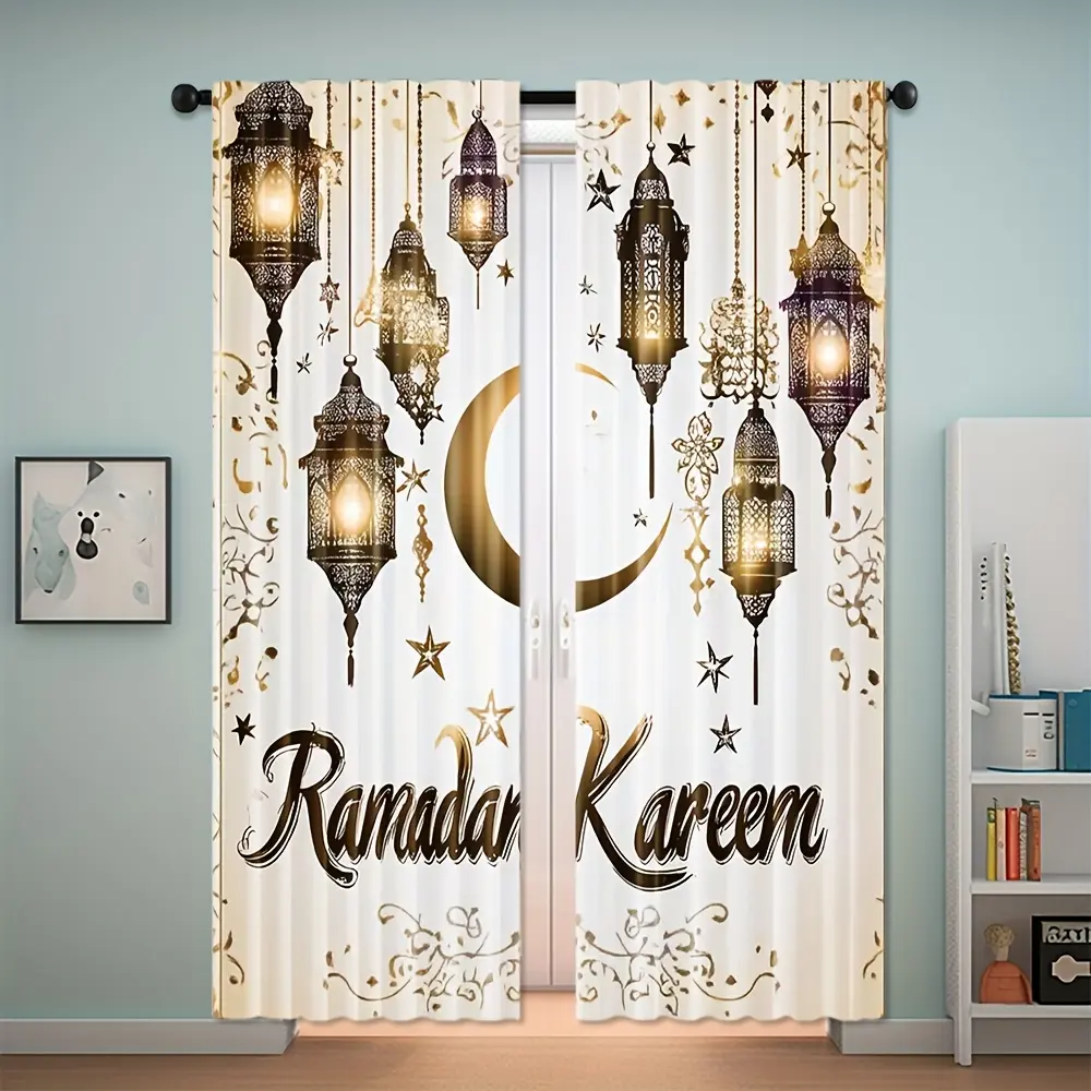 2-piece set, Ramadan moon palace print door curtain, rod pocket design, suitable for living room and bedroom decoration, machine washable polyester fiber, ideal for room decoration, creating an atmospheric ambiance