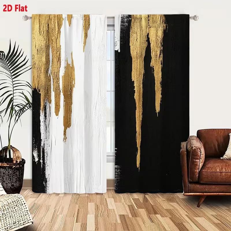 2 pieces of abstract printed curtains with gold dots pattern, made of polyester and semi-transparent, machine washable, suitable for bedrooms, living rooms and home decoration.