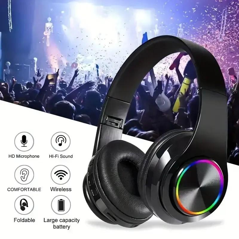 Wireless Over-ear Headphone, Noise Cancelling Headphone with LED Light &microphone & FM & SD Card Slot, Stereo Sound Bluetooth-compatible Headphone for Home Office Travel Wireless Headphones