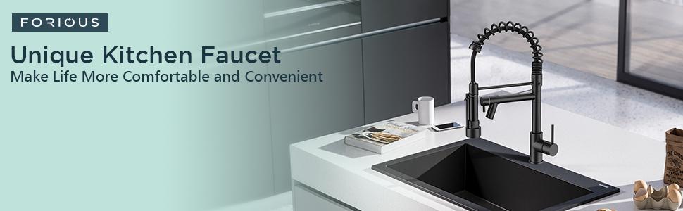 FORIOUS Commercial Spring Kitchen Faucet with Dual Heads & LED Stainless Steel Pull Down Sprayer Standard Aerator 360° Swivel Matte Black