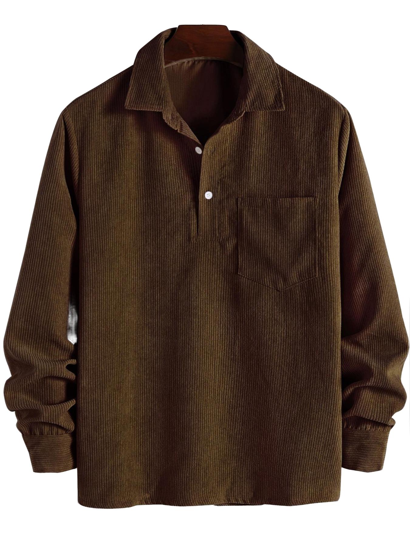 ZAFUL Men's Corduroy Shirts Solid Color Fall Half Button Long Sleeves Polo Shirt Casual Work Collared Shirt with Casual Outdoor Shirt