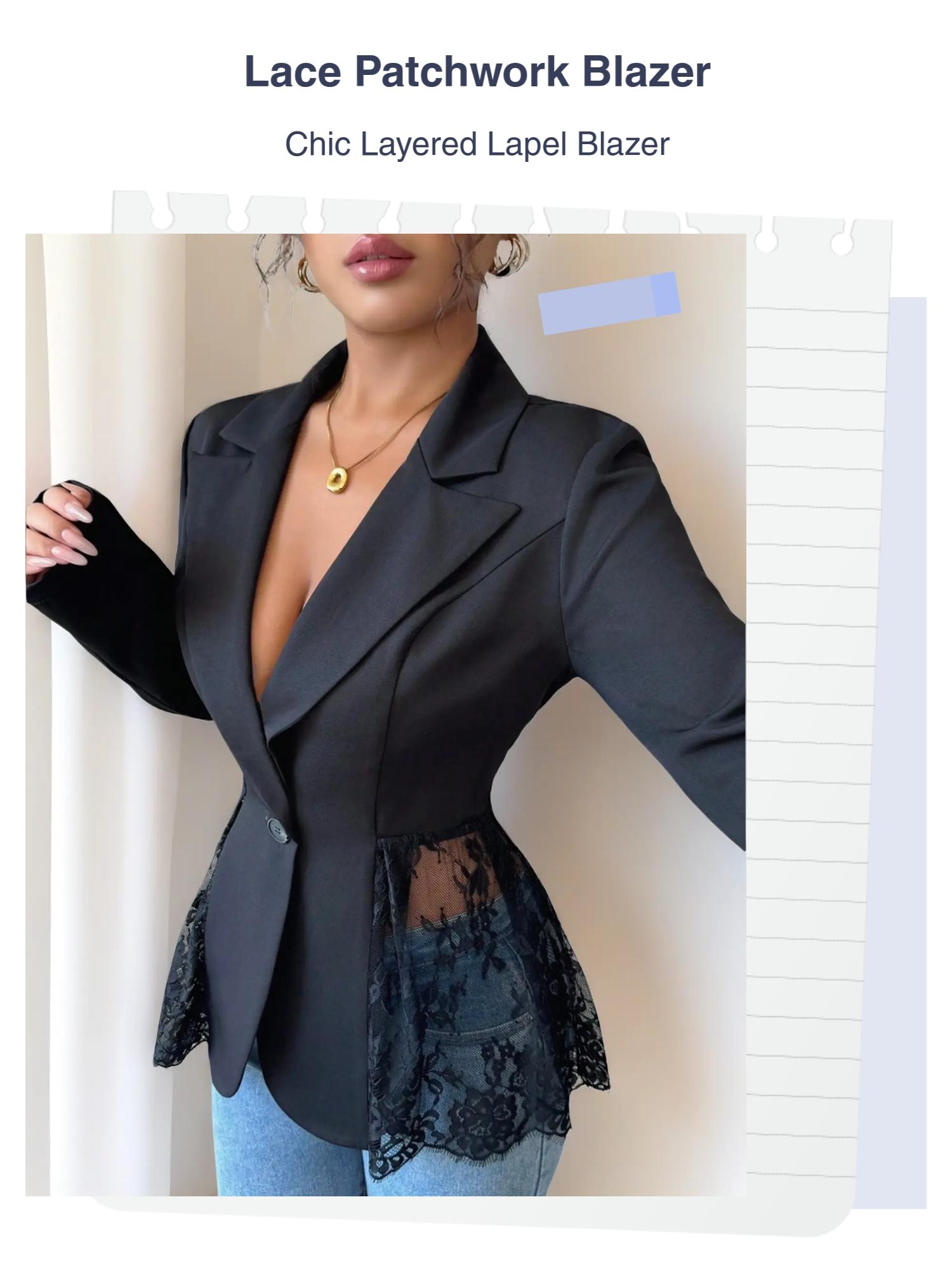 Women's Lace Patchwork Blazer Jacket, Deep V Neck Slimming Design, Western Style Elegant Look, Perfect for Commuting & Dates