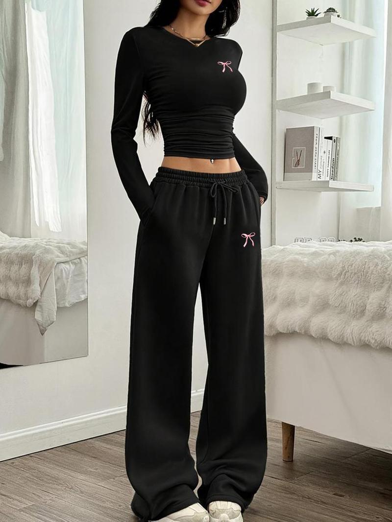 Y2K Campus Sweet Girl Back-To-School Set, Ruched Top & Wide Leg Pants, Youthful and Stylish, Perfect for Daily Wear