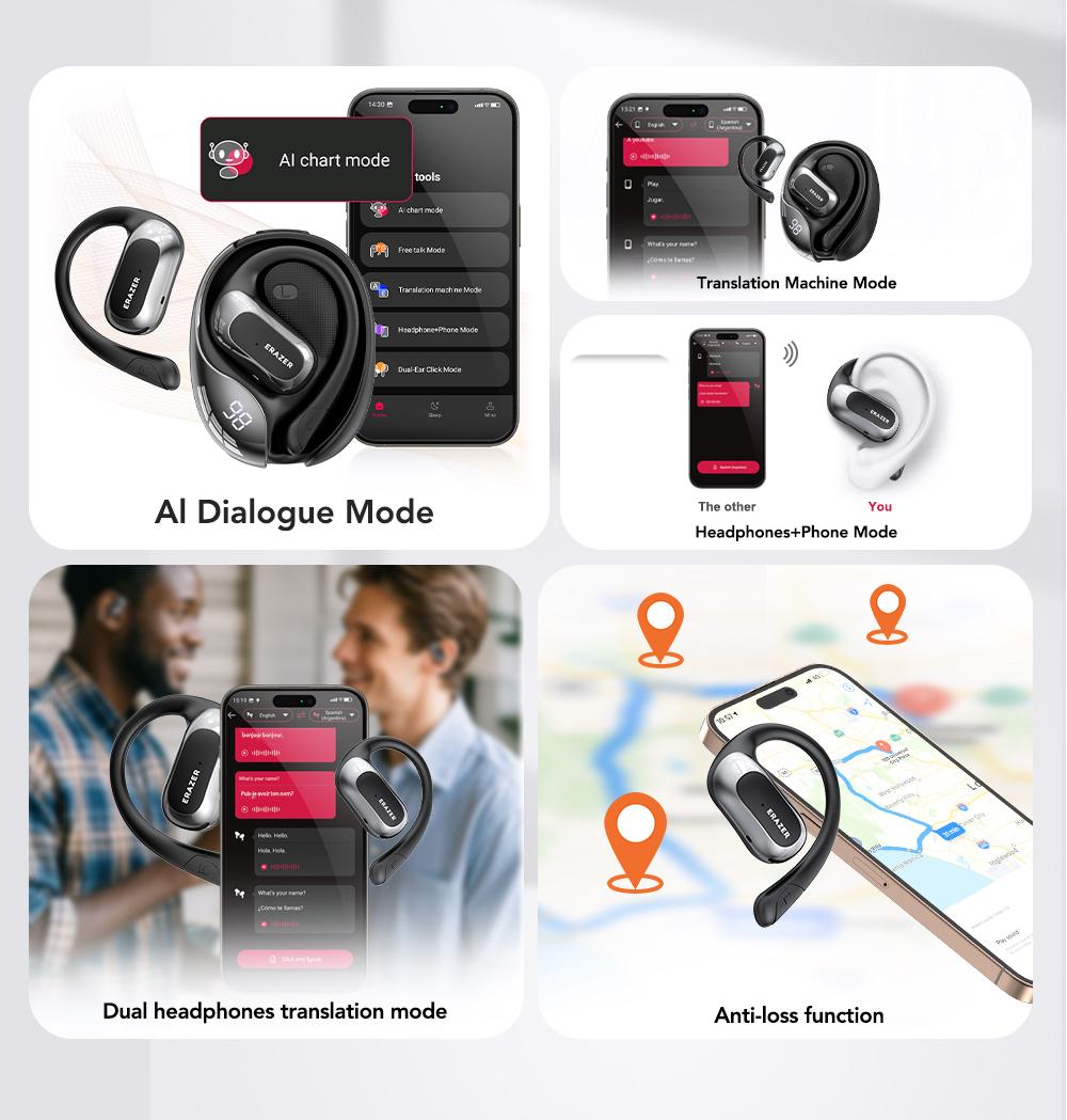 ERAZER X5 AI Translation Earbuds, Real-time Translate with APP, OWS Open-Ear Headphones, Ear Hooks Design , Wireless Earbuds, With HD Mic, Waterproof, Power Digital Display, 24H Playtime, Bluetooth 5.4 Earbuds, Gaming with Low Latency