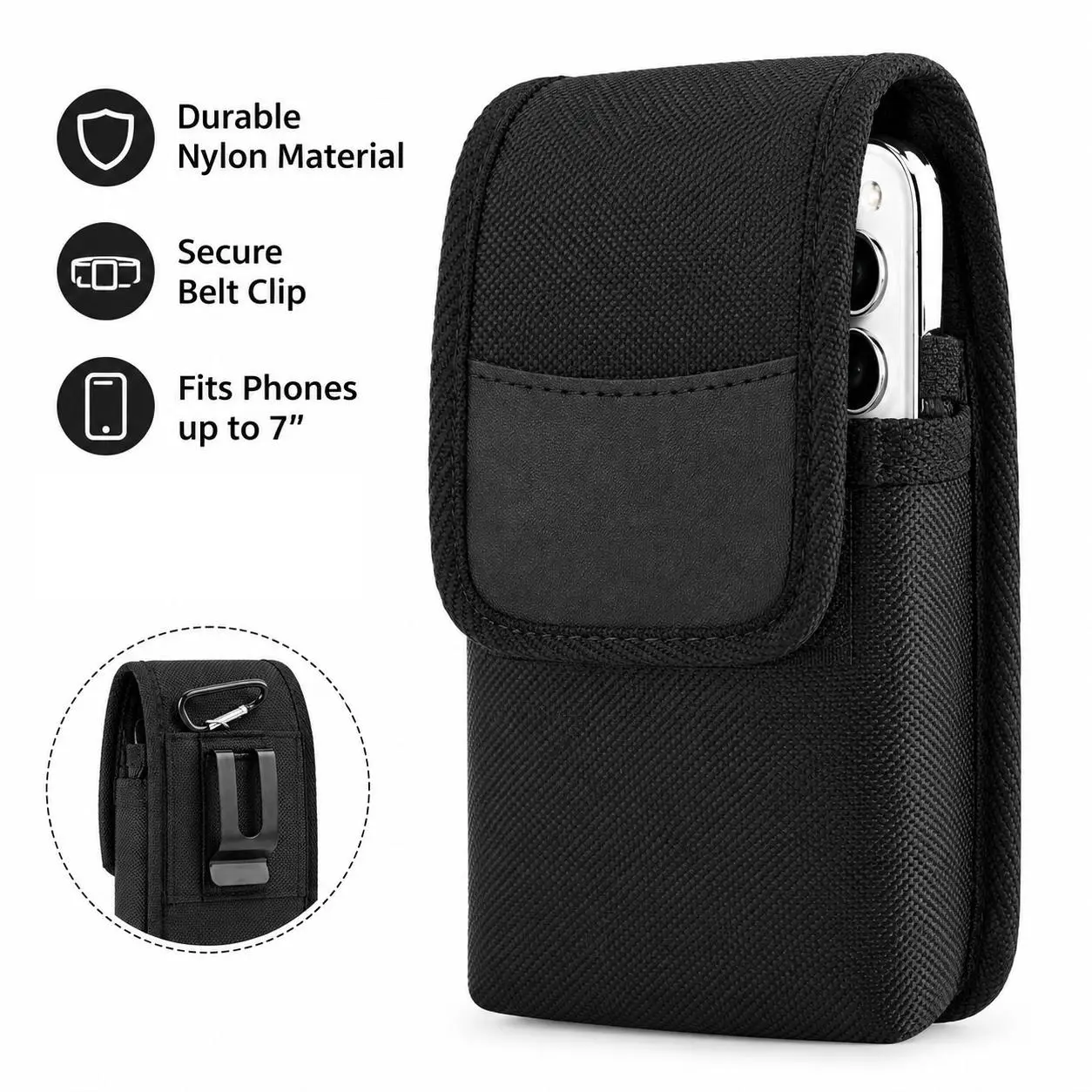 Vertical Dual Holders Nylon Waist Pouch - Waist Wear Phone Holster with Belt Clip & Carabiner, Unisex Universal Fit for Phones Up to 7in, Work/Hike/Fish Sports & Outdoor Accessories