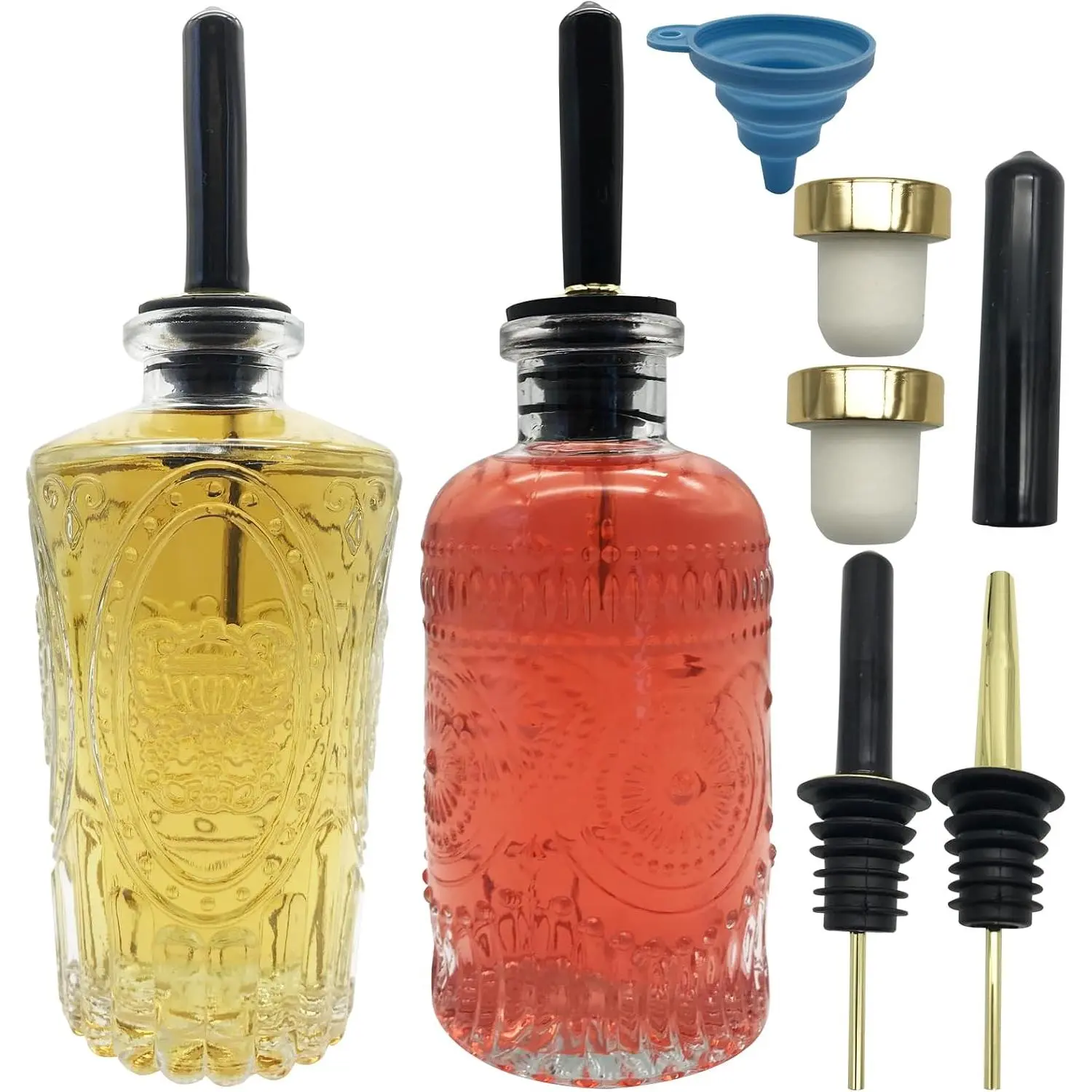 Glass Coffee Syrup Dispenser Bottles 7 OZ with Metal Pour Spout, 2-Pack Syrup Bottles Set with Funnel,  for Maple, Honey Syrup, Oil, and Sauces - Coffee Bar Accessories