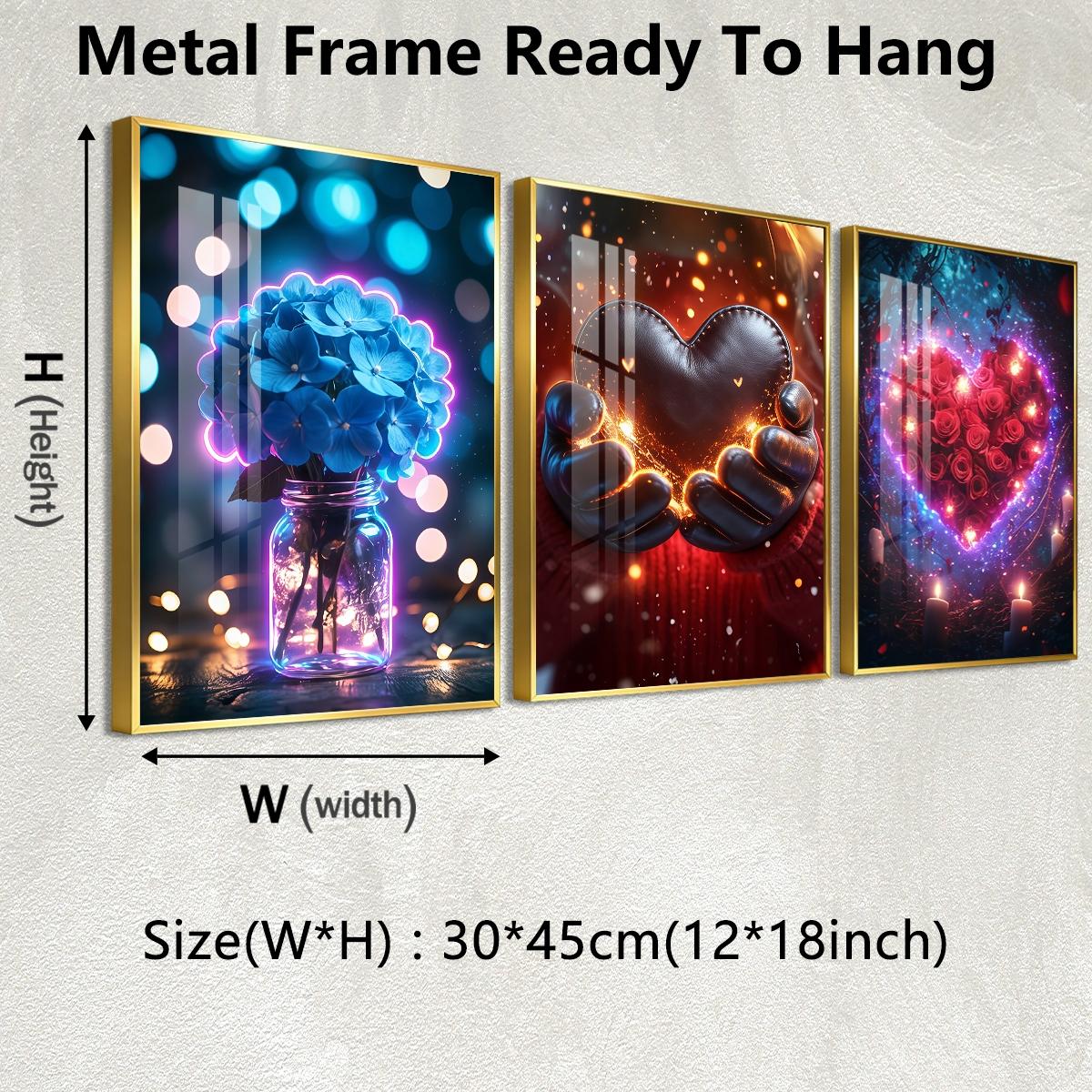 3 Counts Aluminum Alloy Framed Painting, Romantic Roses Hearts And Flowers Pictures, Home Decoration For Living Room, Bedroom, Office, Restaurant, Hallway Wall Decor, Odorless Print Artwork, Luxury Perfect Gift For Friends And Family