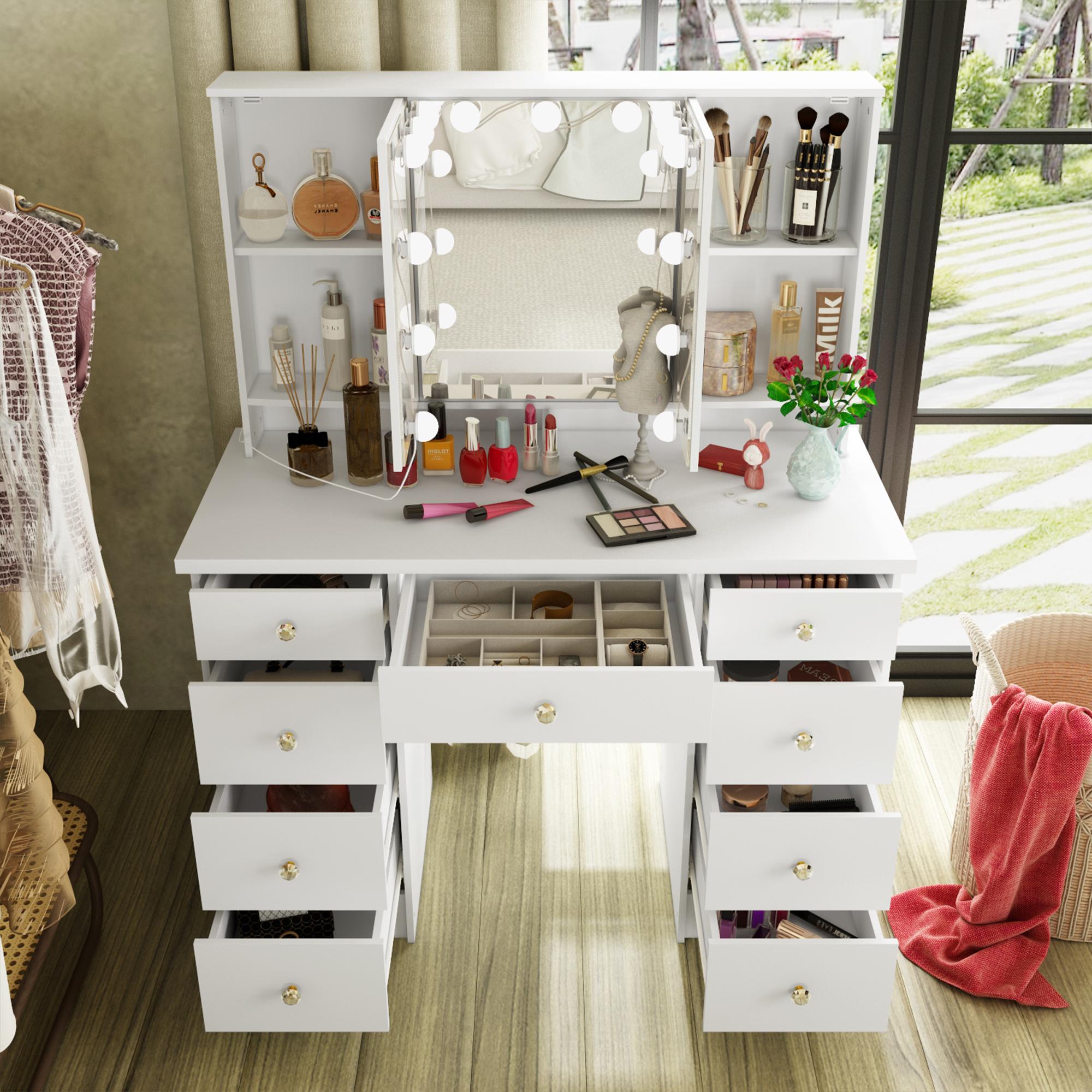FUFUGAGA-43.3"W Vanity Desk With 9 Drawers, Makeup Desk With 3-Mirror And Touch Screen Light, Dressing Makeup Table For Bedroom