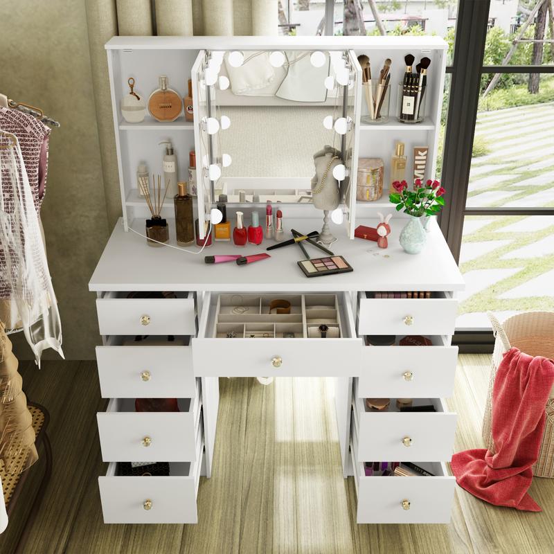 FUFUGAGA-43.3"W Vanity Desk With 9 Drawers, Makeup Desk With 3-Mirror And Touch Screen Light, Dressing Makeup Table For Bedroom