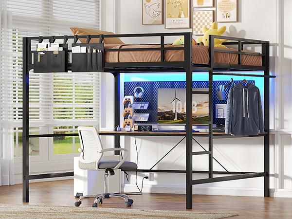 Hasuit Full Size Metal Loft Bed with Desk, LED Lights & Charging Station - Sturdy Space-Saving Bed Frame, Loft Bed Full Size Includes Safety Guard Rail & Ladder, No Box Spring Needed, Durable