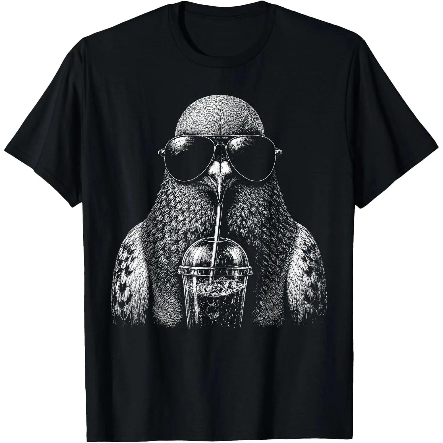 Men's Casual Cotton Breathable Short-Sleeve Funny Pigeon Drinking Iced Coffee Birdwatcher T-Shirt, Mens Tops, Shortsleeve