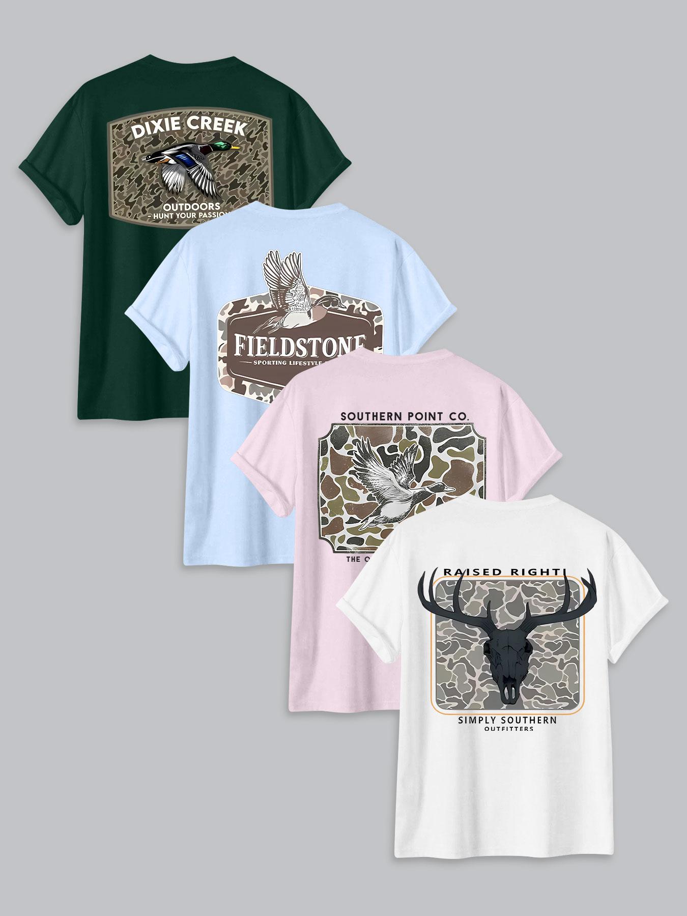 Men's Letter & Deer Print Round Neck Graphic Tee, Regular Fit Casual Short Sleeve T-shirt for Summer, Men's Top for Daily Wear, Tropical