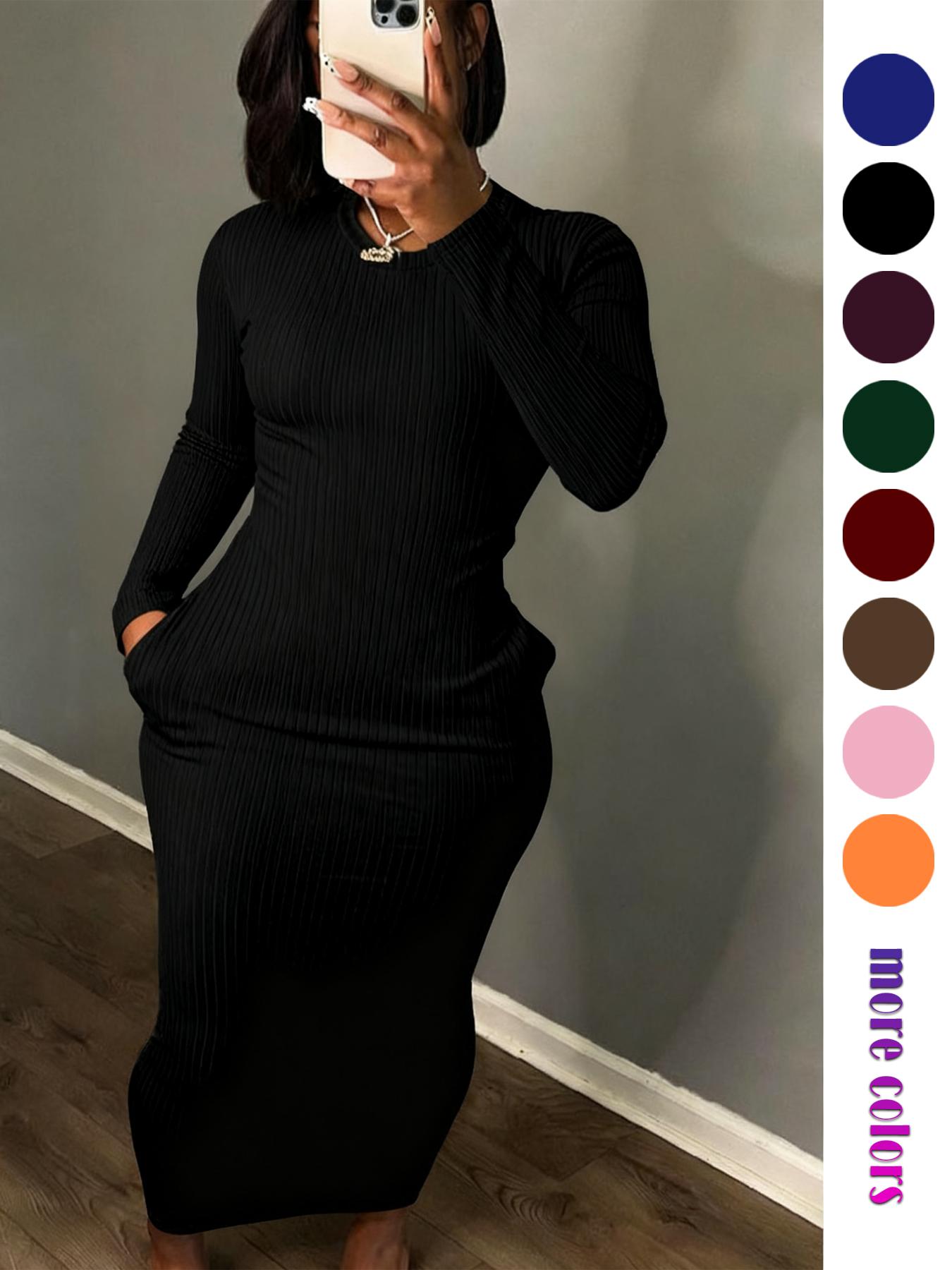 Women's Long Sleeve Dress with Pocket, Breathable Stretchy Fitted Solid Color Maxi Dress for Party, Casual and Travel, Stylish All-Day Wear