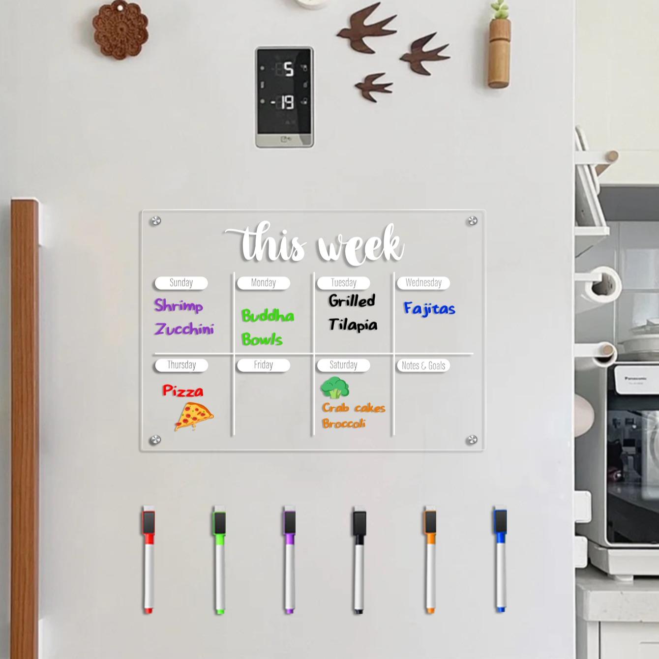 Transparent Acrylic Magnetic Refrigerator Fridge Calendar Magnetic Weekly Planner Board, Erasable Schedule Organizer, Home Memo Board with Multicolor Pens, Includes 6 Magnetic Whiteboard Pens