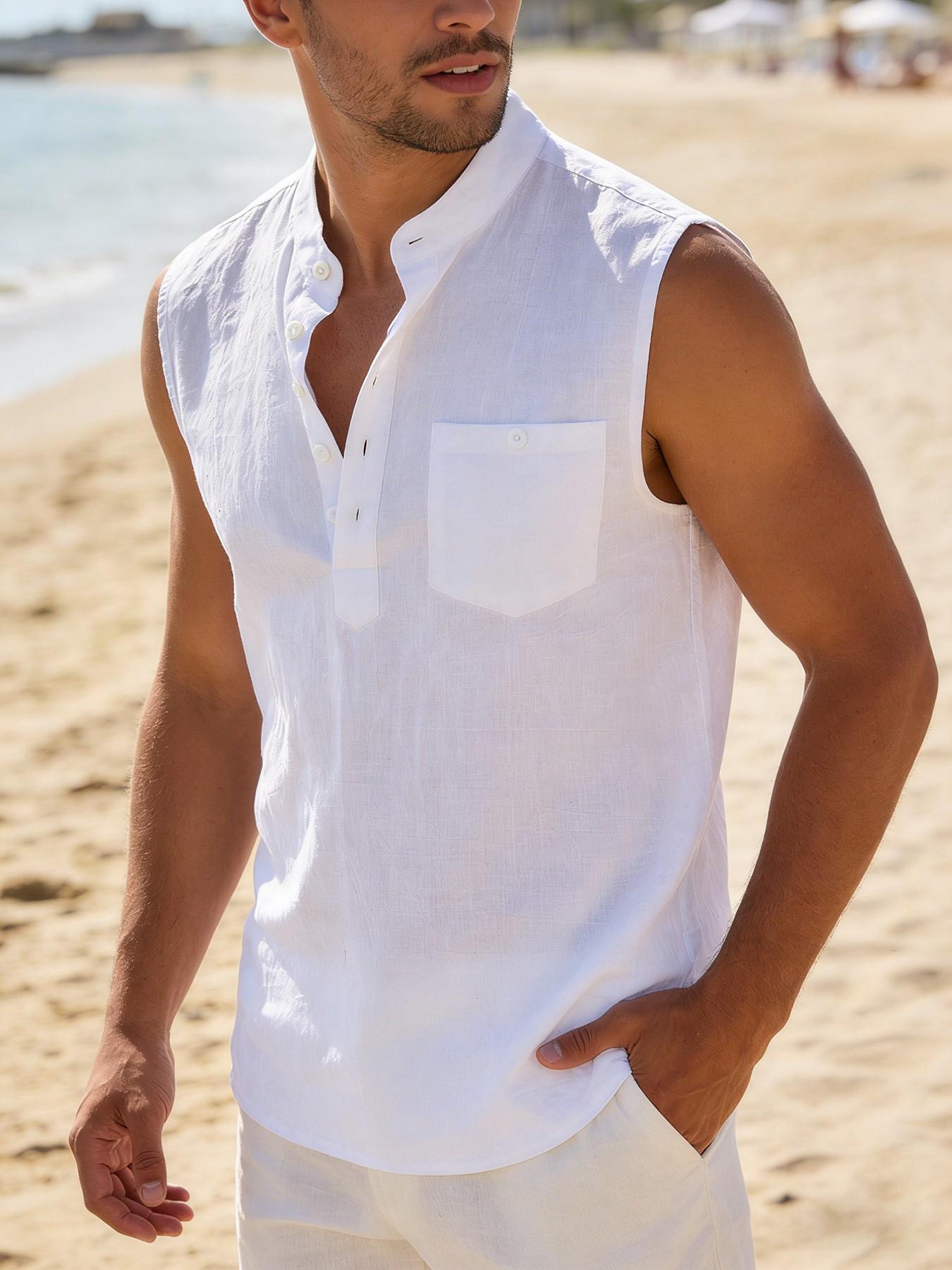 Stand Collar Sleeveless Shirt, Textured Breathable Slim Fit Vest, Gym Muscle Show Casual Top, Daily Commute Vacation Trendy Clothes