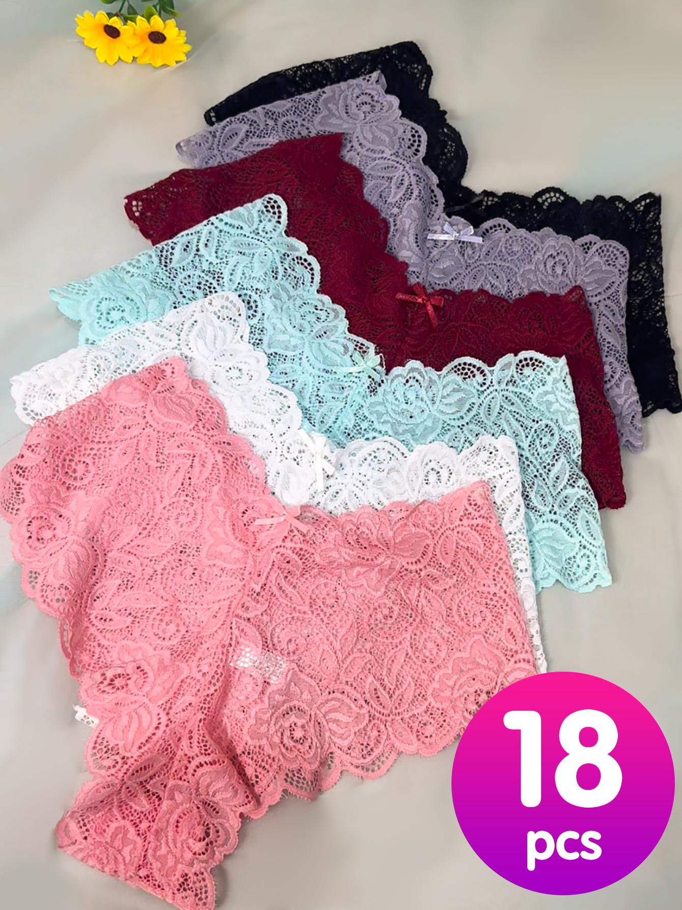 Women's Low-Rise Lace Panties with BowknotWaist. Sexy, breathable and elastic. Available in variouscolors like black, Stretchy delicately laced. Comfortable and stylish for daily wear. Womenswear Basic French Soft 18Pcs thongs Sheer