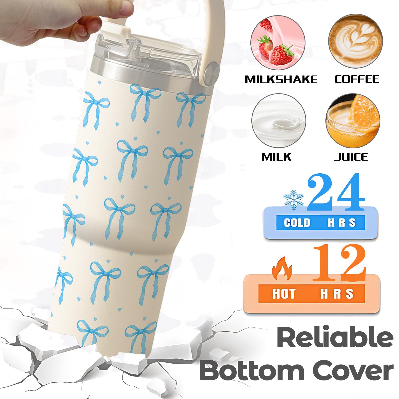 1 Pc 30oz insulated mug with handle and straw, Tumbler, cream white with blue bow design, double wall vacuum cup, leak-proof skinny thermal mug, keeps hot 12 hours and cold 24 hours, perfect for coffee tea smoothies cocktails, holiday gift