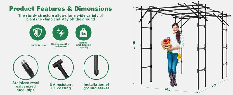 Lilypelle Large Outdoor Garden Arch Trellis, 87" H x 118" L x 79" W Large Tall Grape Vine Support, Arch Arbor Trellis Plastic-Coated Metal Vine Trellis, for Climbing Plants Vineyard Patio Lawn Yard Garden Decoration Lilypelle Large Outdoor Garden Arch Trellis, 87" H x 118" L x 79" W Large Tall Grape Vine Support, Arch Arbor Trellis Plastic-Coated Metal Vine Trellis, for Climbing Plants Vineyard Patio Lawn Yard Garden Decoration