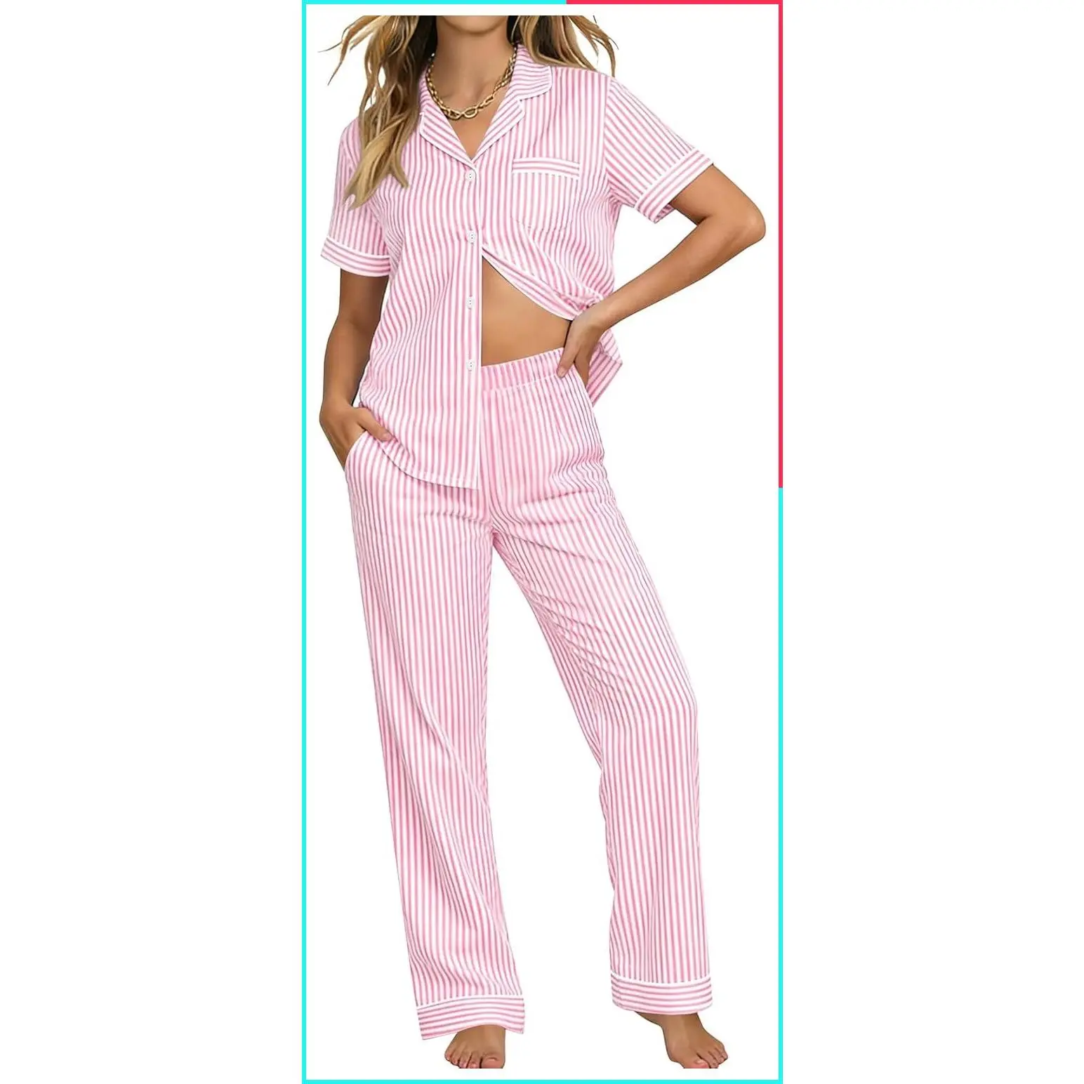 100% Cotton Women's 2-Piece Pajama Set Button-Down Short Sleeve Top and Long Pants with Pockets Lounge Sleepwear