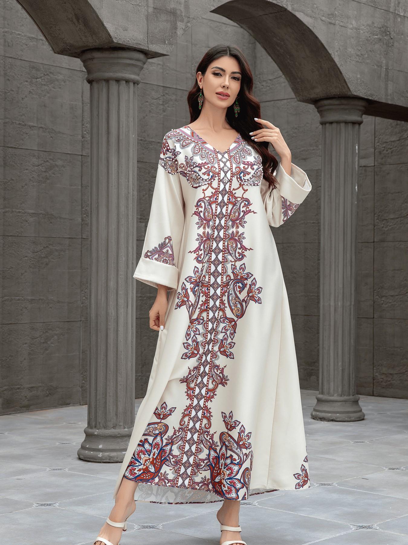 Muslim Women's Elegant Abaya Dress, Long Robe with Printing and Beads, Dubai Export Fashion, Stylish Muslim Clothing