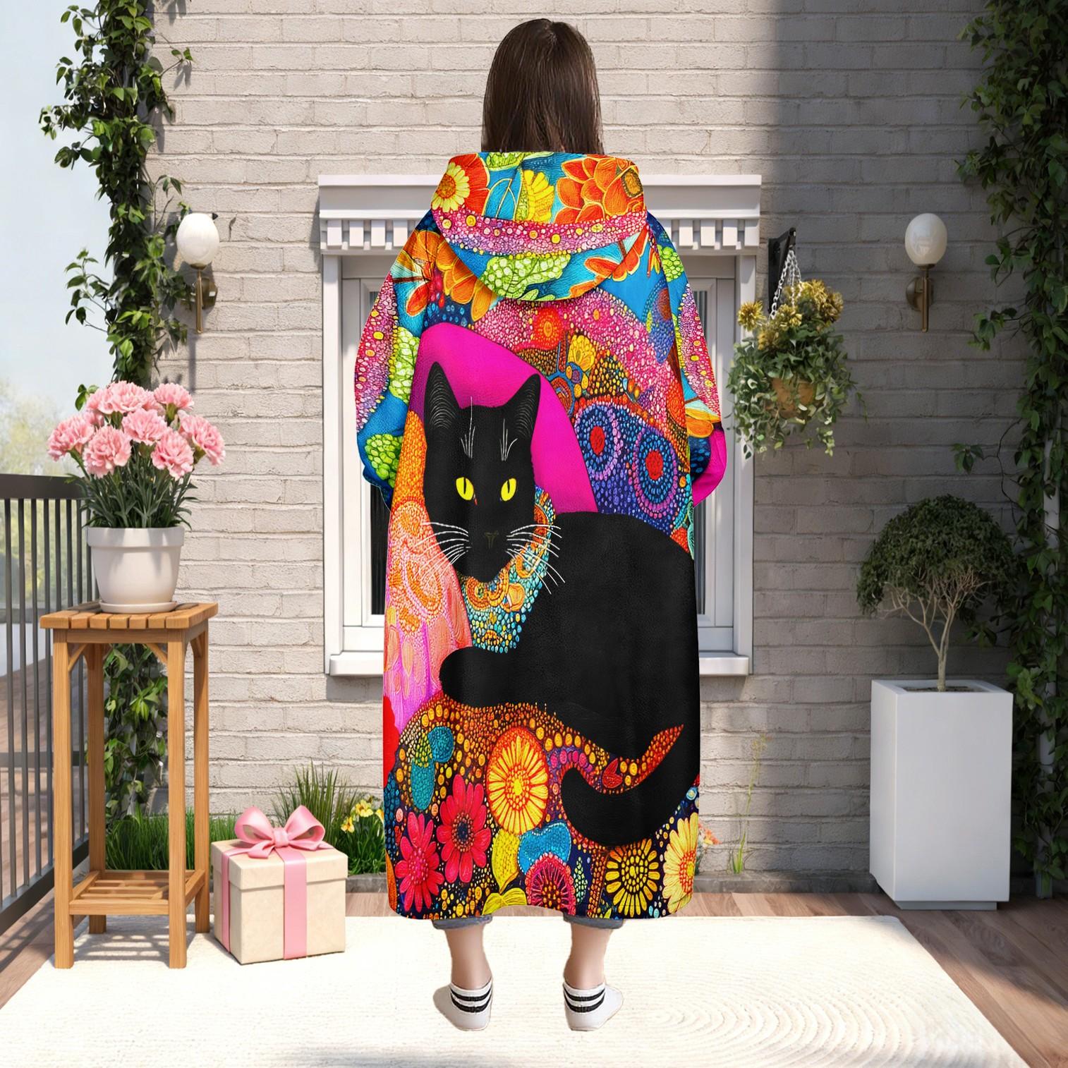 Hooded Blanket Wearable Throw, Vintage Cat Print Hoodie Blanket, Soft Warm Flannel Blanket for Sofa Home Leisure Air Conditioning Nap Office Bed Camping Travel Valentine's Gift