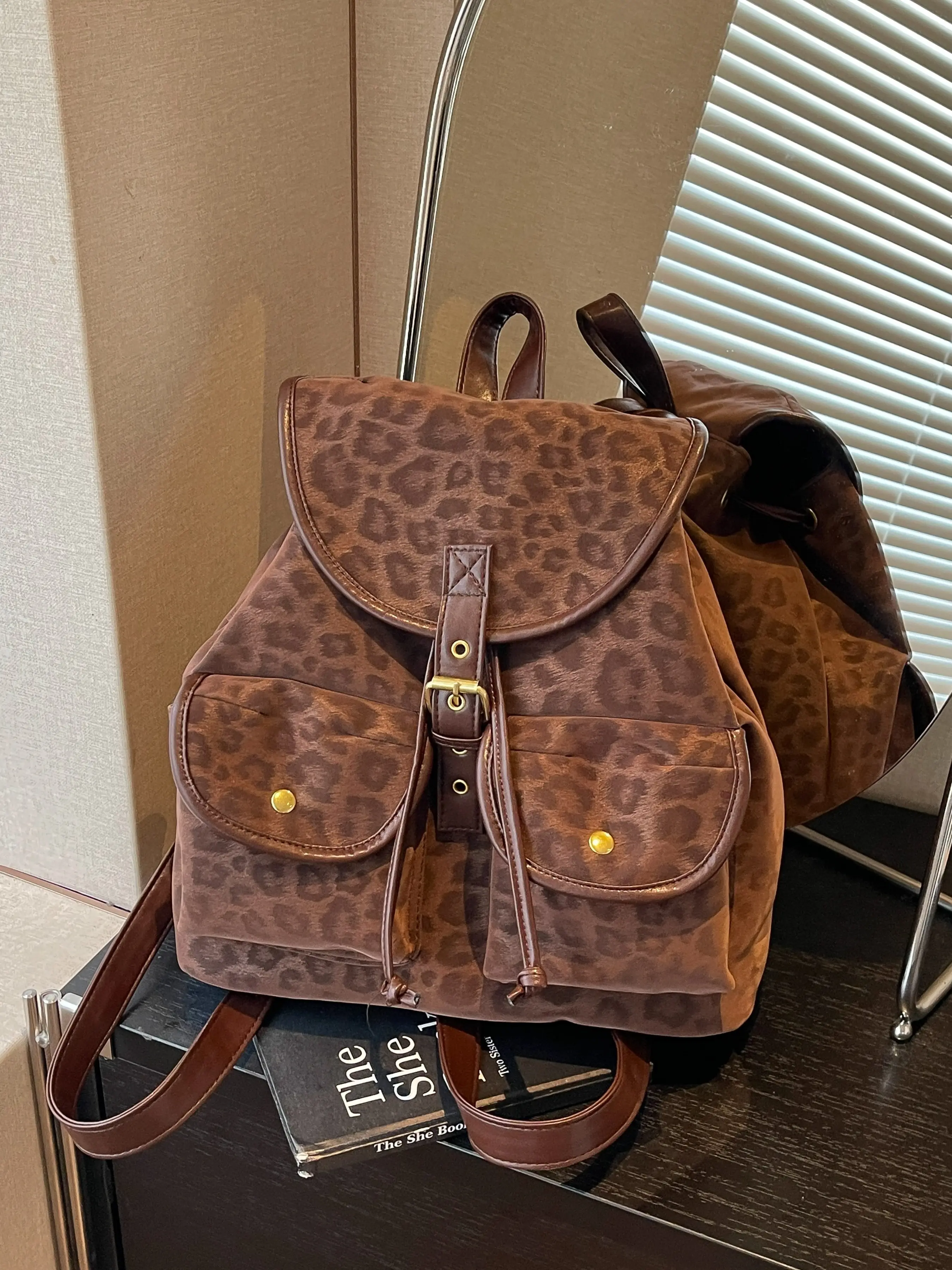 Leopard Print Suede Backpack, Vintage Fashion Women's Fall Winter New Large Capacity Bag, Casual Commute Shoulder Crossbody Bag