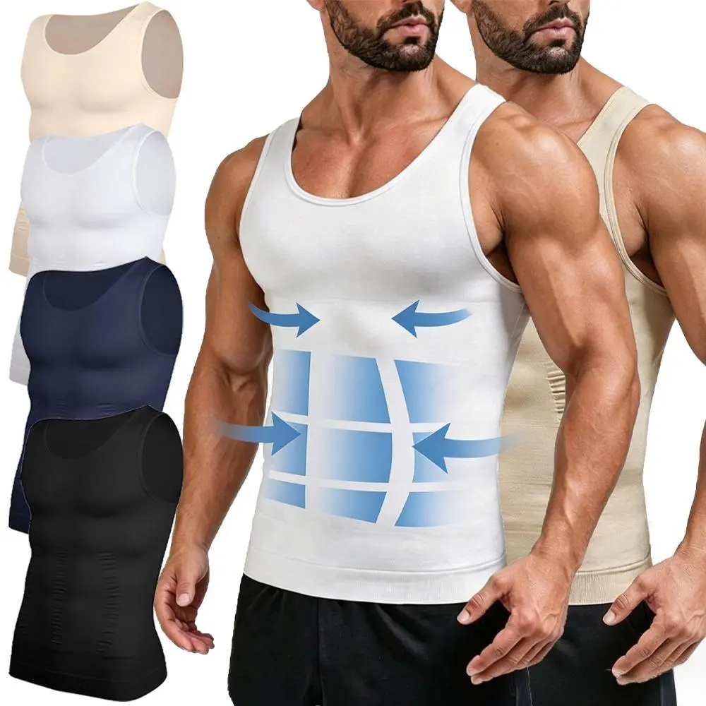 Men's Tight Crew Neck Sleeveless Slim-Fitting Compression Tank Top - Body Shaping Undershirt for Gynecomastia, Tummy Control