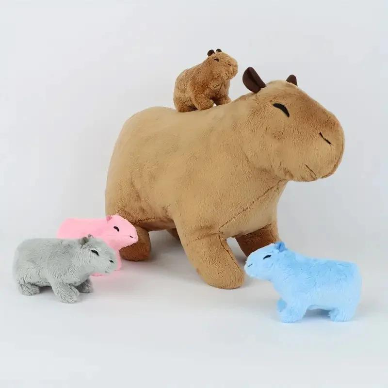 Kawaii Capybara Mom & Baby Plush Toy Set with Colorful Babies