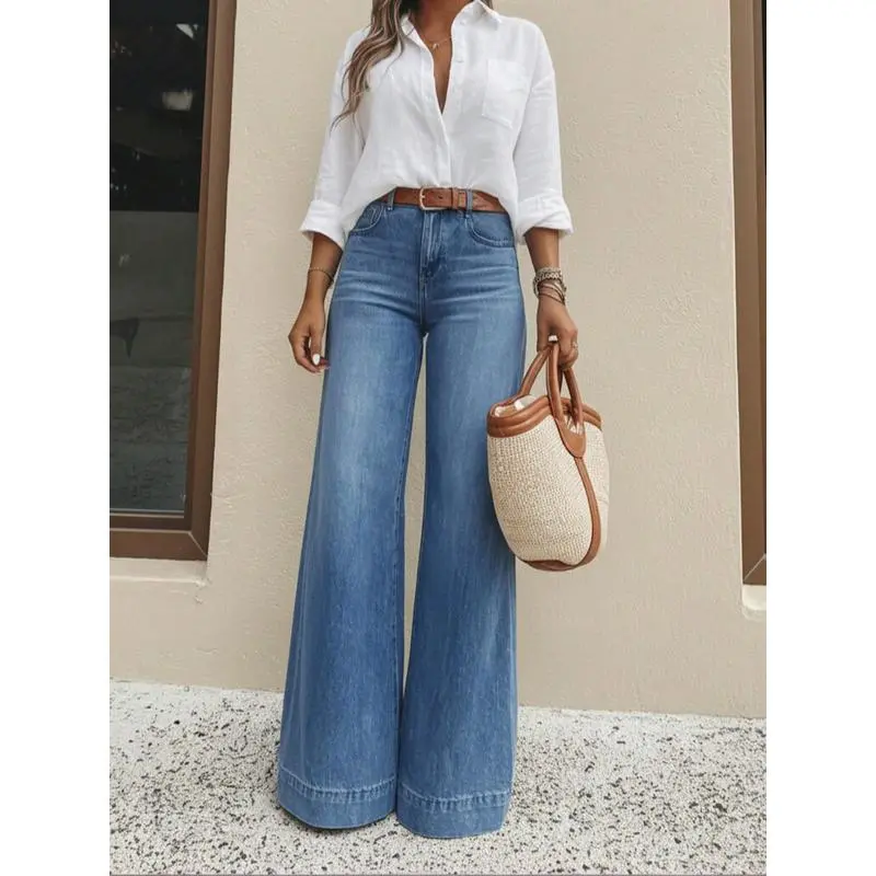 Women's High-Rise Extra Wide-Leg Jean Pants - Pale Blue Wash Stretch Denim, Vintage Casual, Multi-Size, Starched, Mexican-Inspired, Relaxed Daily Wear Mid Waist Jeans