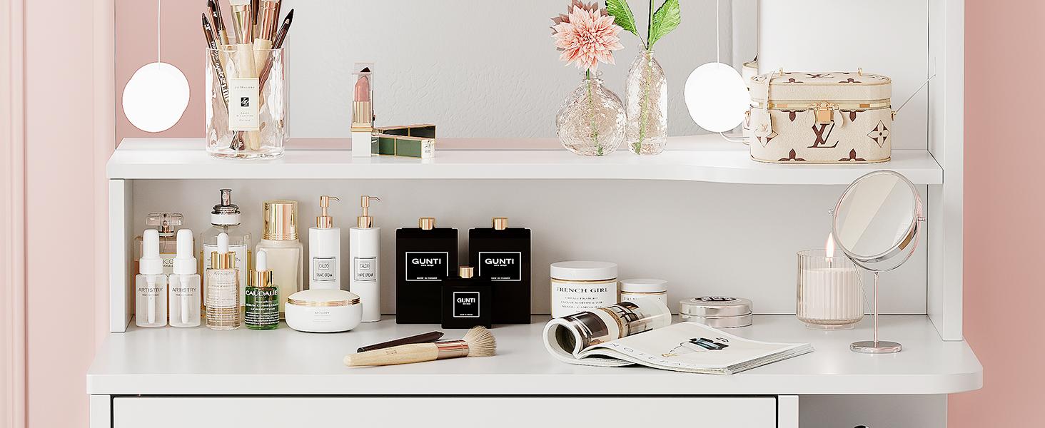 Makeup Vanity Desk with Mirror and Lights, 26.4”Small Vanity Mirror with Lights with Large Drawer and 6 Level Storage, White Vanity with Large Led Mirror with 3 Color Lighting Modes Makeup Vanity Desk with Mirror and Lights, 26.4”Small Vanity Mirror with Lights with Large Drawer and 6 Level Storage, White Vanity with Large Led Mirror with 3 Color Lighting Modes