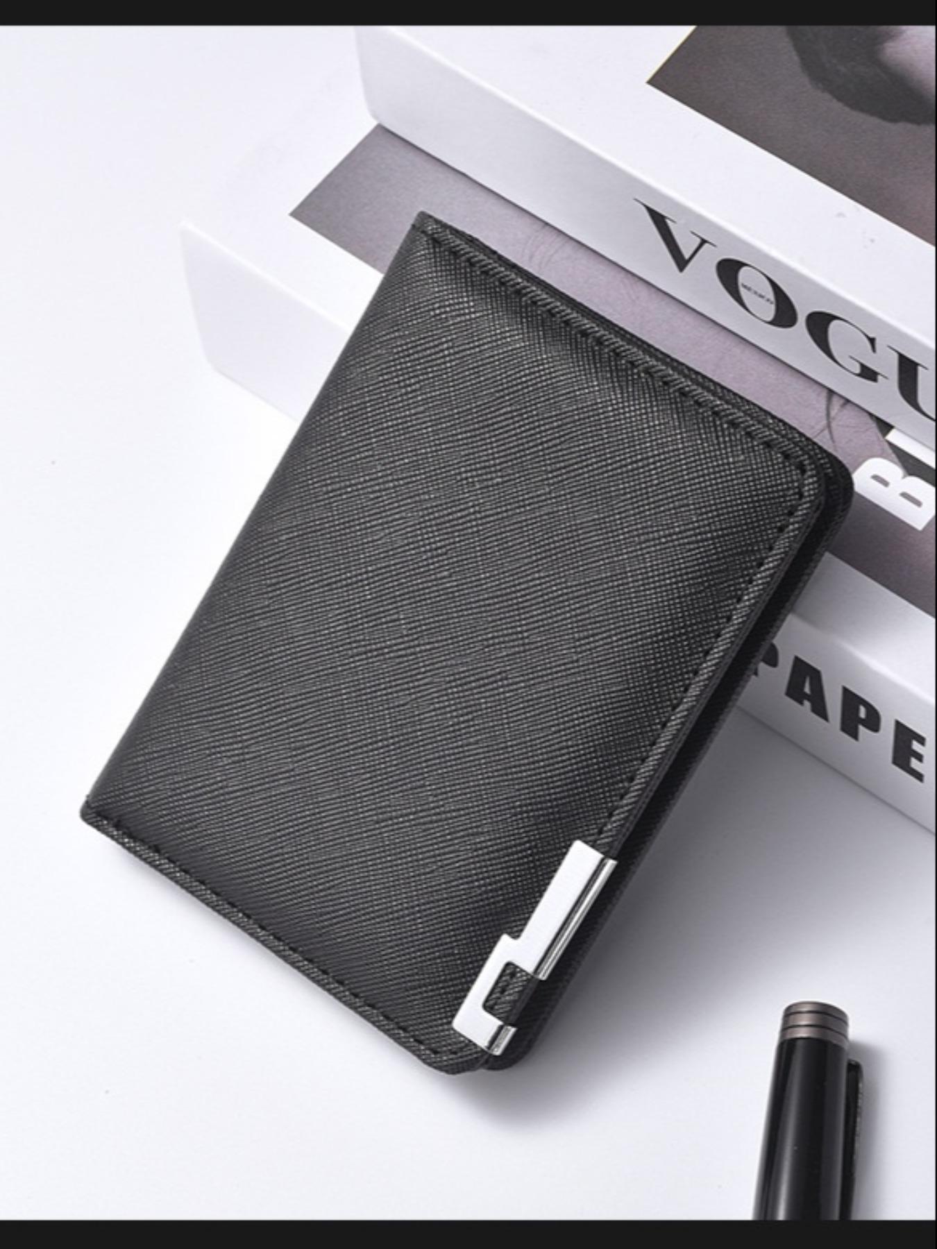 Men's Short Leather Wallet with Iron Edge Cross Texture, Multi-Card Slots Money Clip Card Holder, High-End Style Men's Wallet