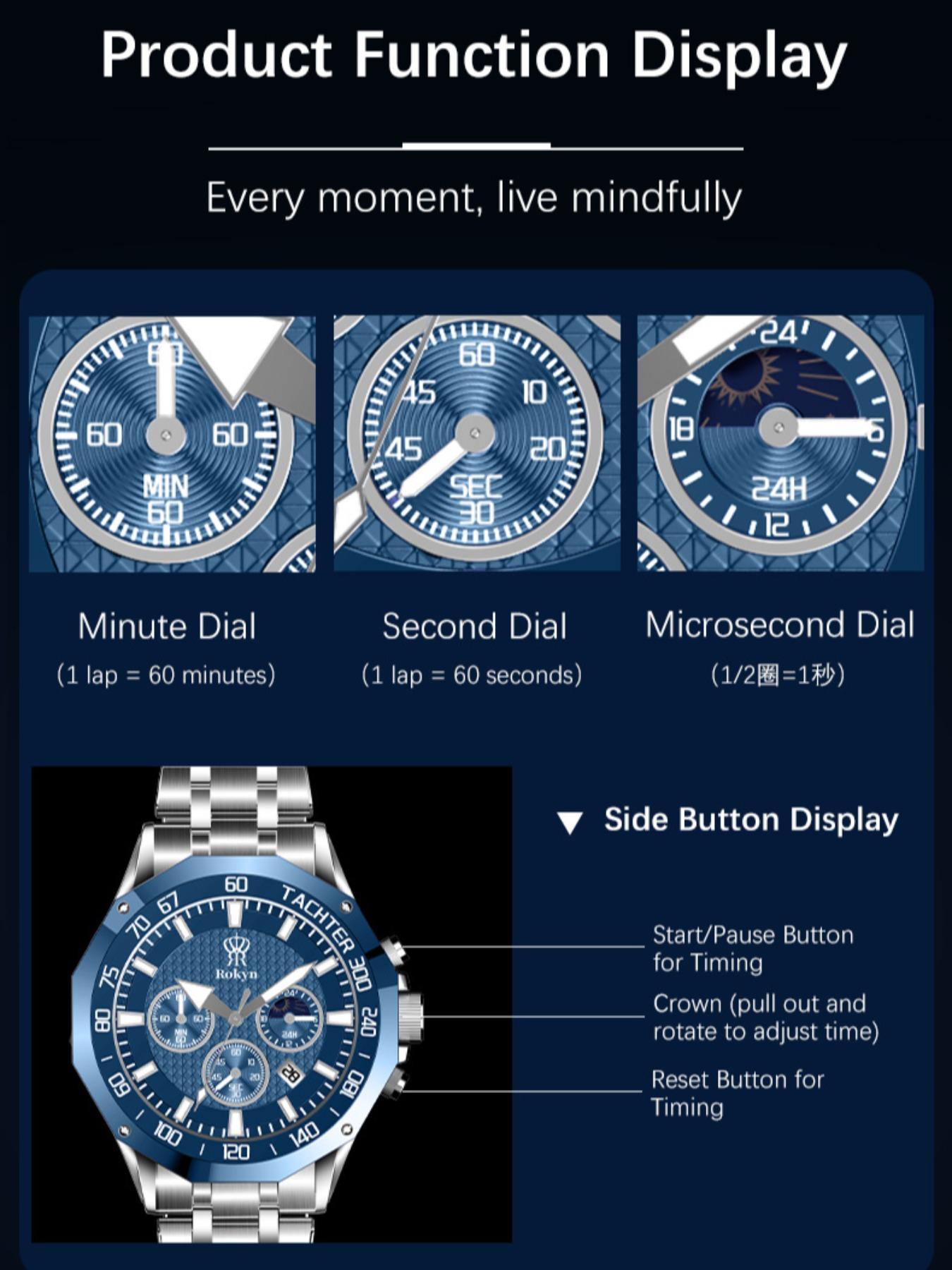 Rokyn Multifunctional Steel Band Quartz Watch, Waterproof Night Glow Moon Phase Timer, Men's Three Eye Six Needle Wristwatch