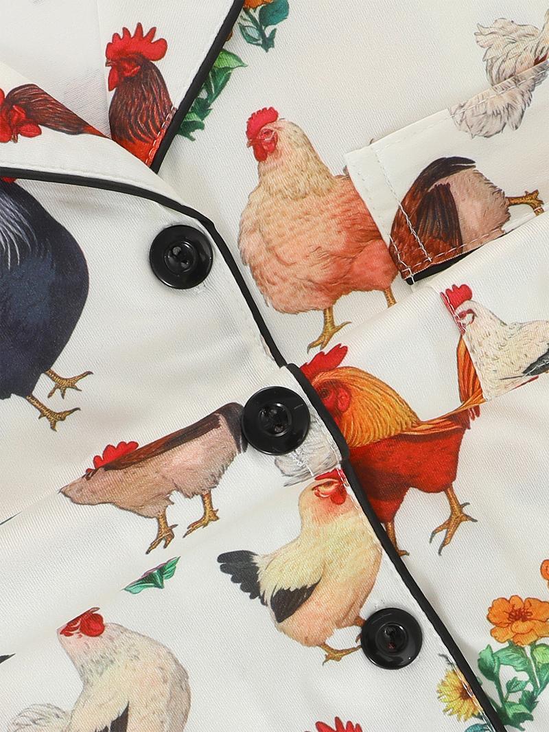 Women's Chicken Print Pajama Set, Loungewear, Casual Long Sleeve Button-Up Top & Comfortable Pants, All-Season Home Wear, 2-Piece Sleepwear
