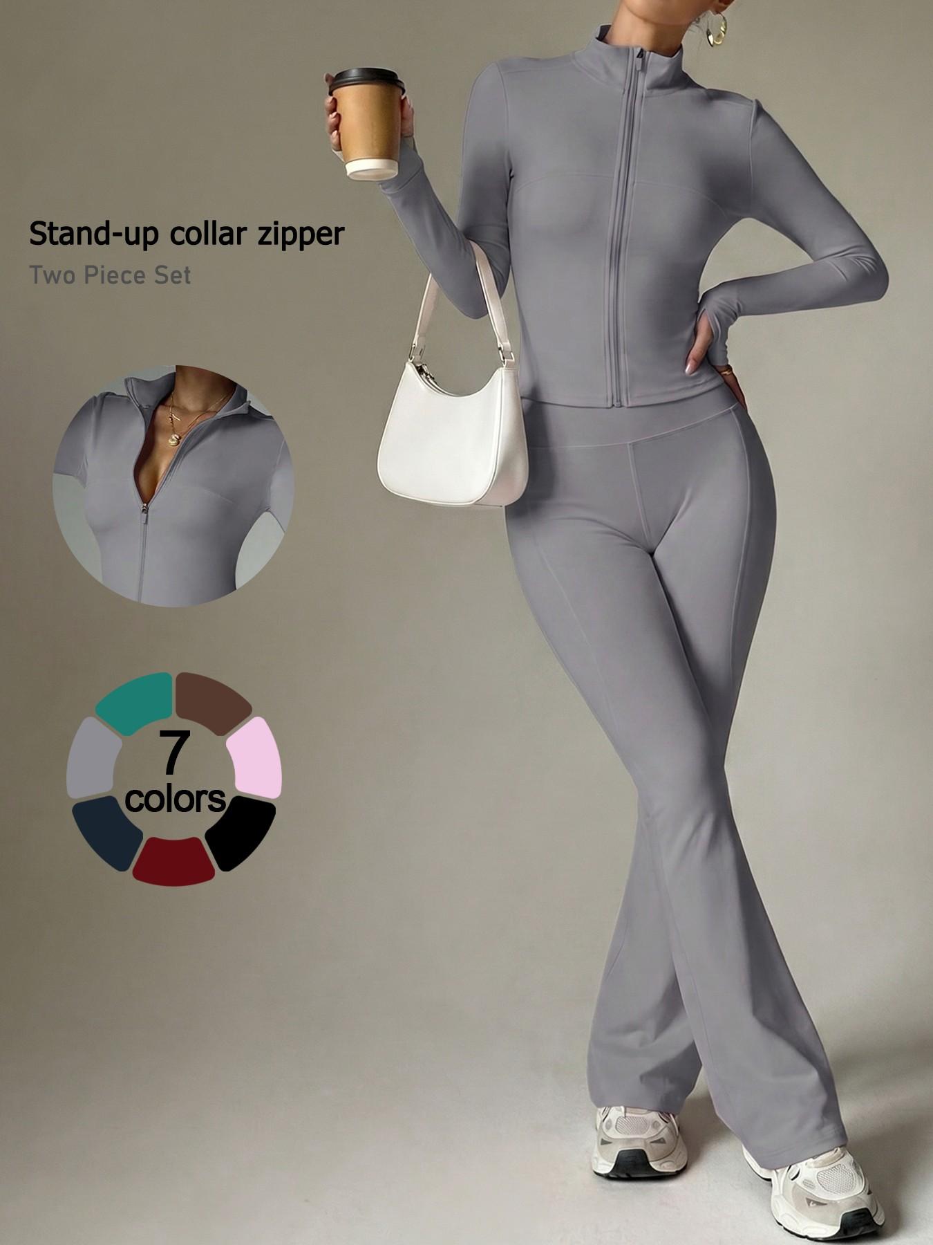 Women's 2-Piece Fitness Set, Stand Collar Full Zip Jacket, Long Sleeve High Waist Yoga Pants, Sporty All-Season Workout, Athleisure Wear Set, Yoga Outfit