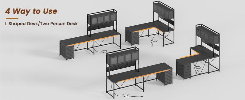 Sikaic 62 Inches LED Reversible L Shaped Gaming Desk With Power Outlet Storage Drawers Hutch and Pegboard Furniture Computer Chair Dual Monitor Stand