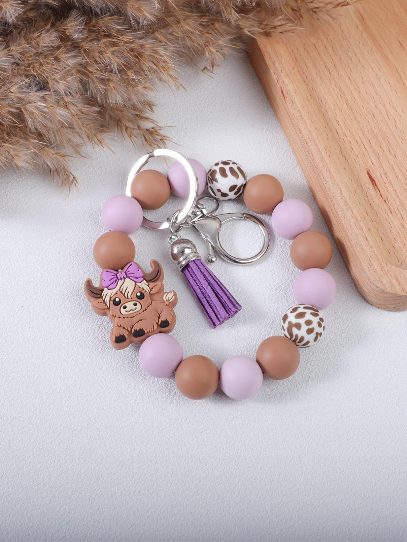 Cute Farm Style Beaded Wrist Keychain, Multiple Colors Available, Spot Pattern Beads with Bow Cow Design, Perfect Gift for Friends & Family