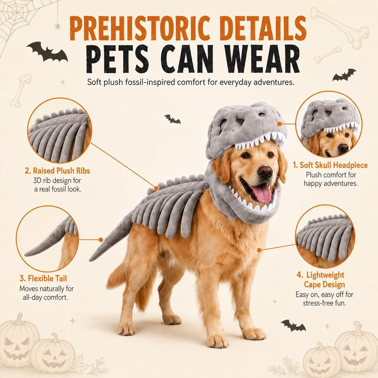 Pet Halloween Dog Costume with Dinosaur Skeleton, Realistic 3D Dinosaur Bone, Plush Pet Hat Costume, Large Dog Role Play Dress, Puppy Costume Pet Halloween Dog Costume with Dinosaur Skeleton, Realistic 3D Dinosaur Bone, Plush Pet Hat Costume, Large Dog Role Play Dress, Puppy Costume