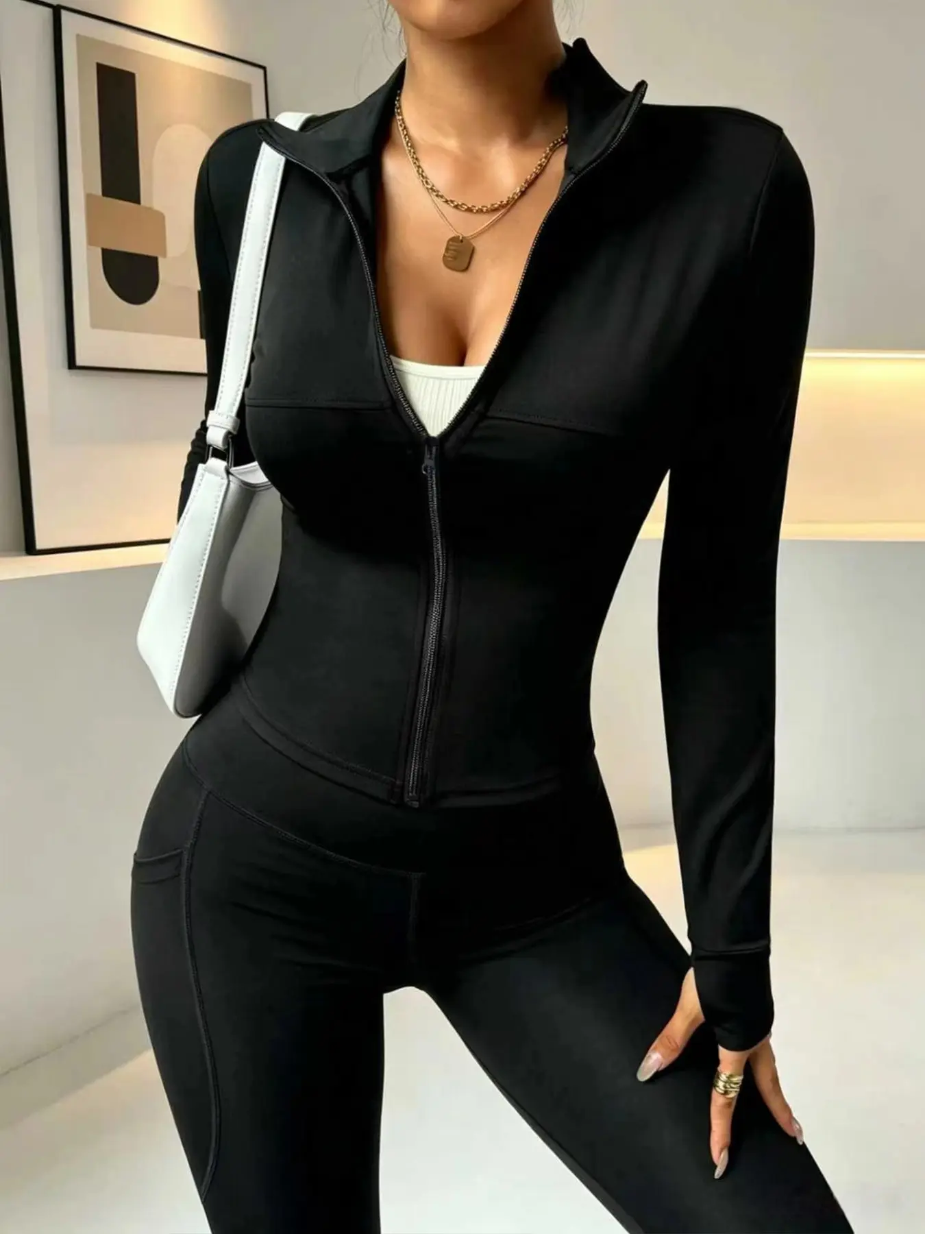 Women's Slim Fit Zipper Short Sport Jacket, High Stretch Quick-Dry Long Sleeve Yoga Top, Waist Cinch Fitness Cardigan, Black Basic Activewear