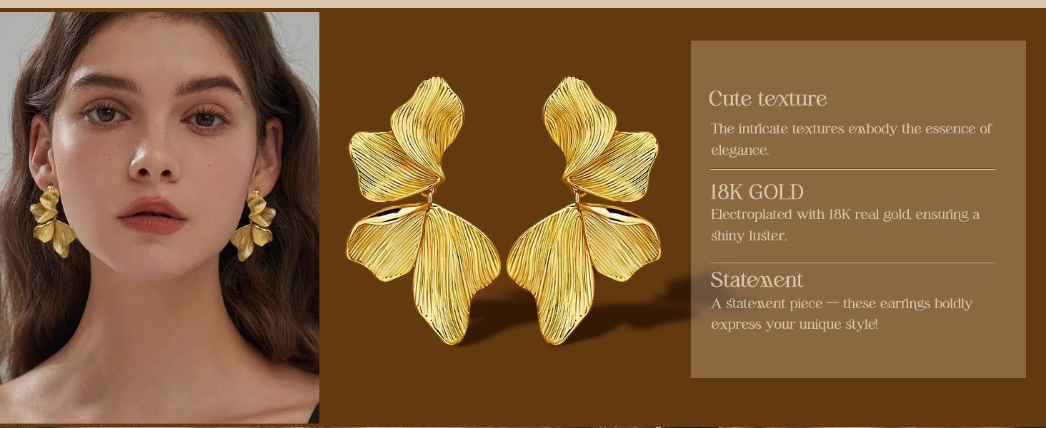 Statement Earrings For Women 18K Gold Plated Sectored Flower Leaf Shell Angel Wing Earring Large Stud Earrings Hypoallergenic Stud