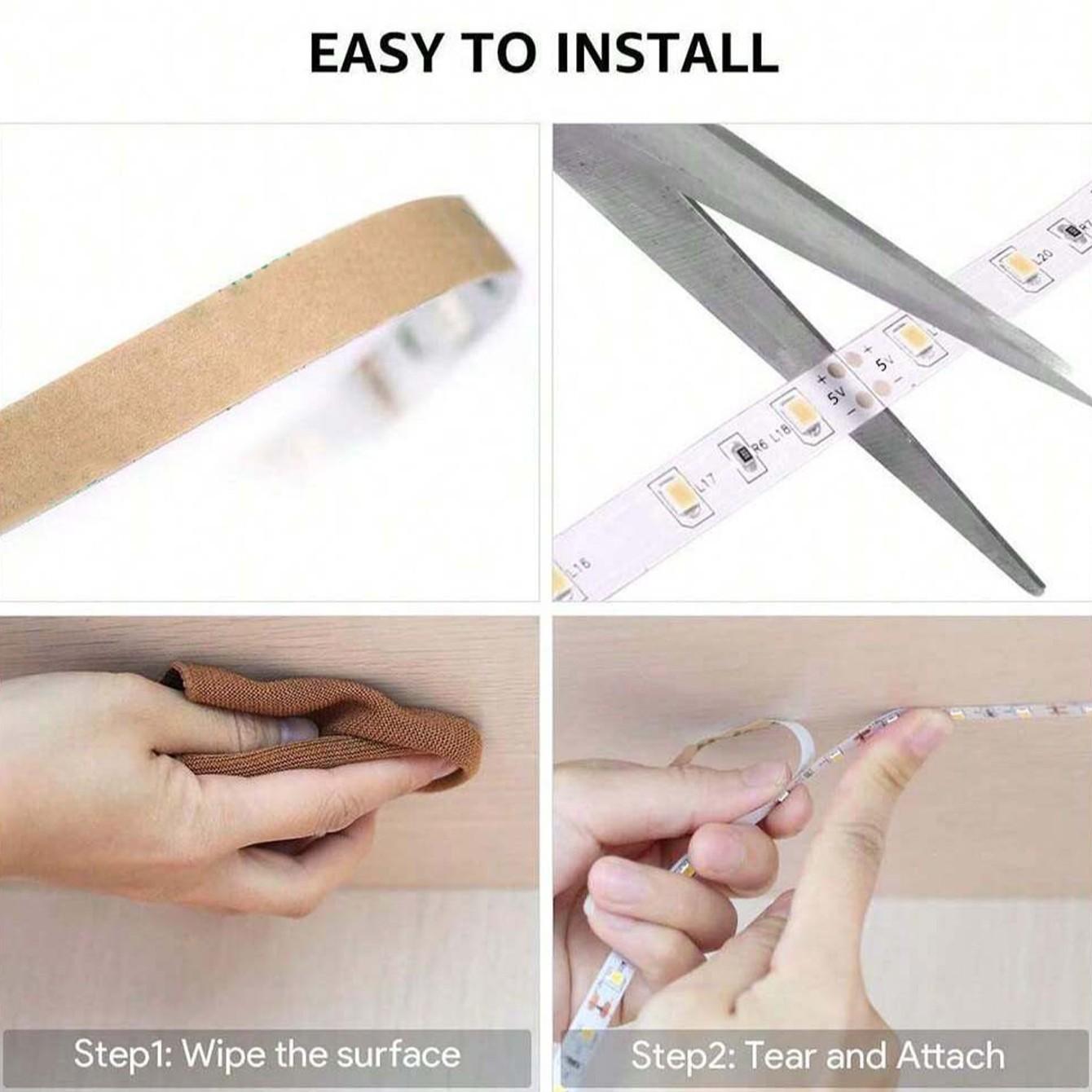 This 5V LED light strip features motion sensing capabilities, is USB powered, and is available in white and warm colors. It can be used in various settings such as bedrooms, kitchens, and cabinets.