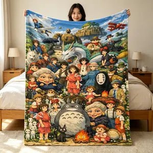Studio Ghibli All Characters Collage Flannel Blanket, Totoro & Friends Anime Throw for Fans & Home Decor
