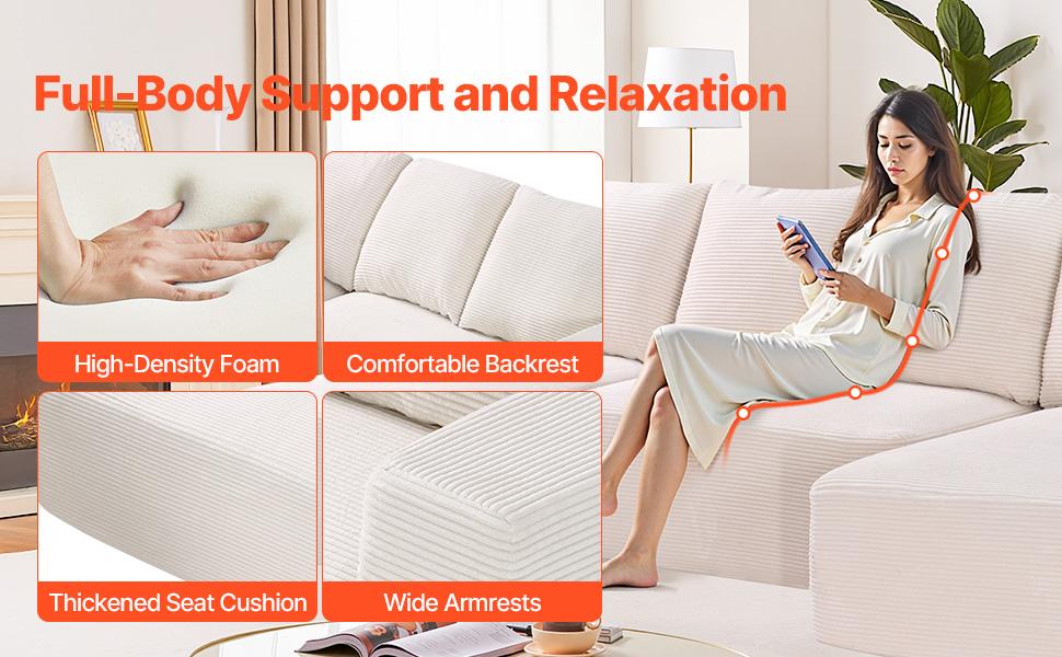 fathersdaygift VEVOR Modular Sectional Sofa, U Shaped Modular Sofa with Chaise, Cloud Sectional Couch with High Rebound Sponge and Density, Upholstered Corduroy Couch with Cushion for Living Room, Bedroom, Beige