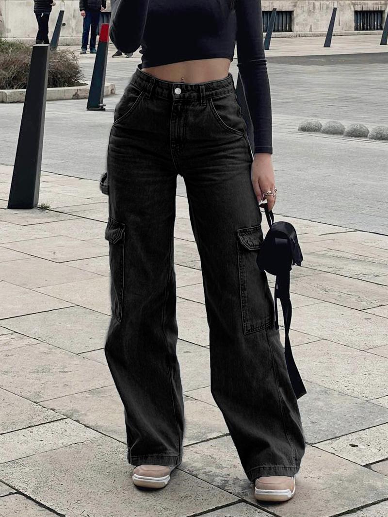 NVFelix Women's Black Cargo Jeans, Casual Utility Loose Fit Straight Leg Denim Pants, High Waisted Casual Trousers with Multiple Pockets for Everyday Streetwear