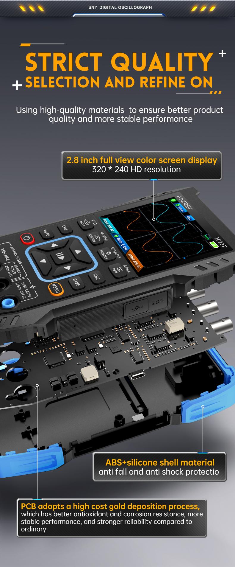 FNIRSI 2C23T 3 in 1 Handheld Oscilloscope Multimeter DDS Generator  2 Channels  10MHz Bandwidth  50MSa/s Sampling Rate  10000 Counts  Voltage  Current  Capacitor  Resistor  Diode Test