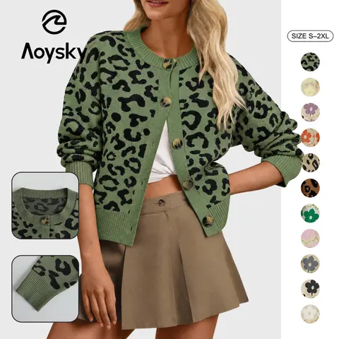 Aoysky Women's Vintage Floral Print Soft Knit Mix Acrylic Knit Cardigan - Ribbed Crewneck, Button-Down, Loose, Longsleeves Cute Top, Knitwear, Casual Wear, Back to School