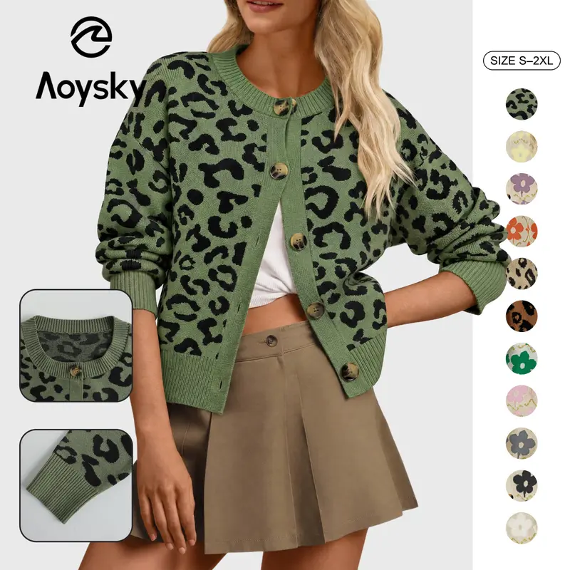 Aoysky Women's Vintage Floral Print Soft Knit Mix Acrylic Knit Cardigan - Ribbed Crewneck, Button-Down, Loose, Longsleeves Cute Top, Knitwear, Casual Wear, Back to School