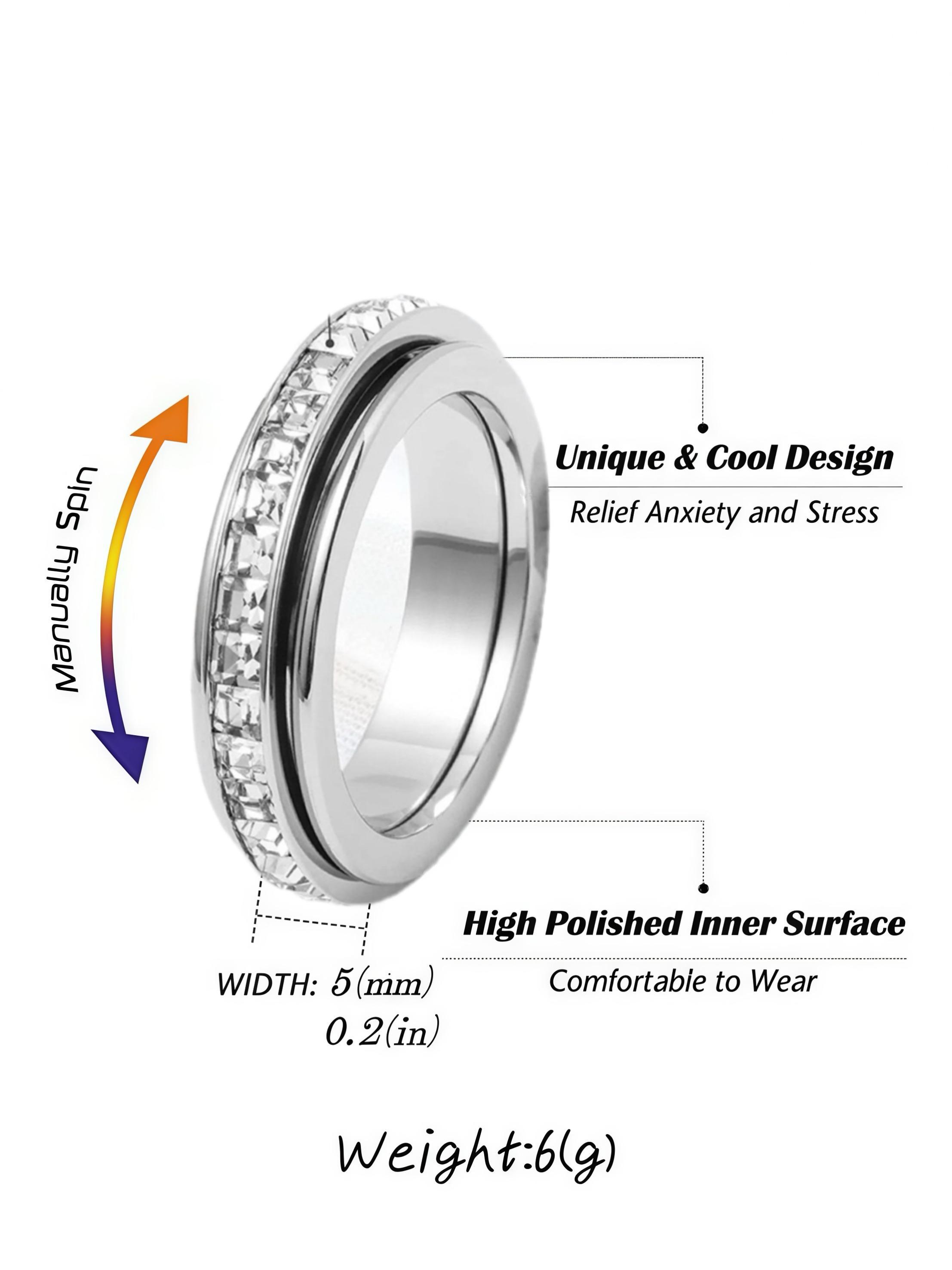 New Rhinestone Circle Small Square Drill Unique Stress Relief Rotatable Statement Ring Jewelry, Fashionable Accessory for Women & Men