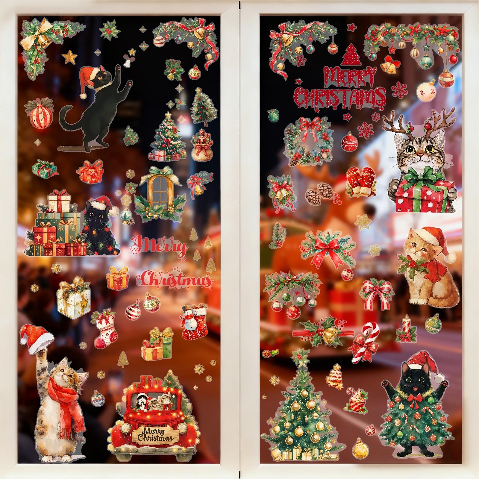 Christmas Static Cling Stickers Set, 9 Sheets 11.81x7.87 Inch, Pre-Cut Removable Holiday Window Decorations, No Residue
